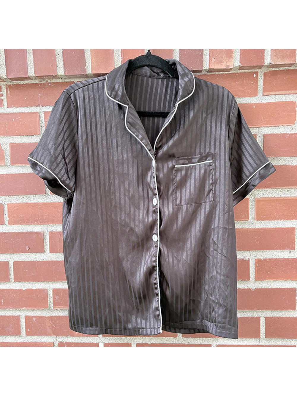 Vintage Style Black Satin Short Sleeve Pajama Shirt